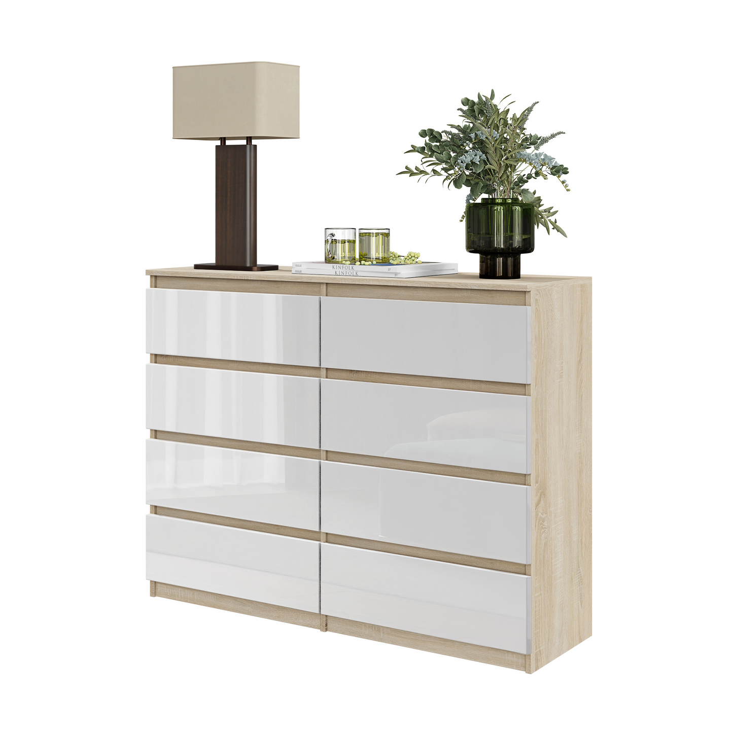 GABRIEL - Kommode / Sideboard mit 8 Schubladen - Sonoma Eiche / Weiß Glanz H92cm B120cm T33cm