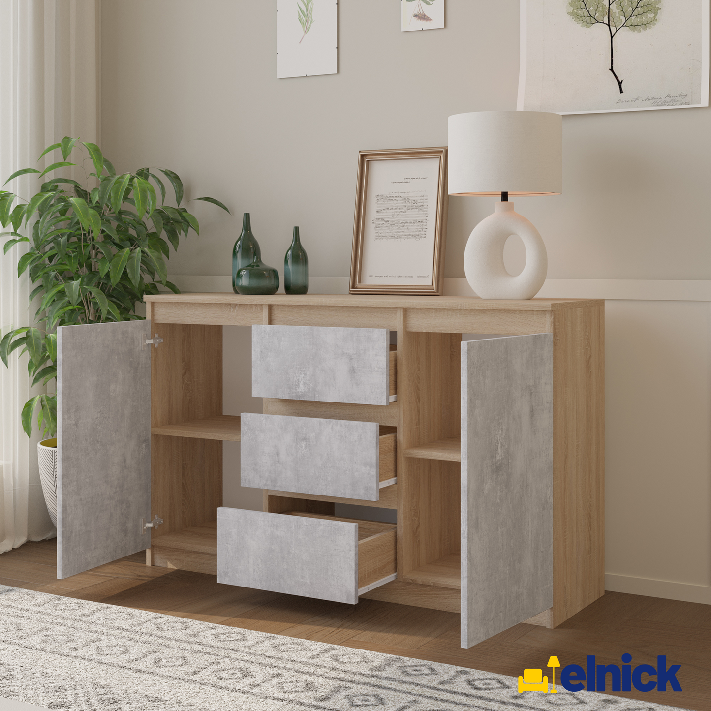 MIKEL - Kommode / Sideboard mit 3 Schubladen und 2 Türen - Sonoma Eiche / Beton-Optik