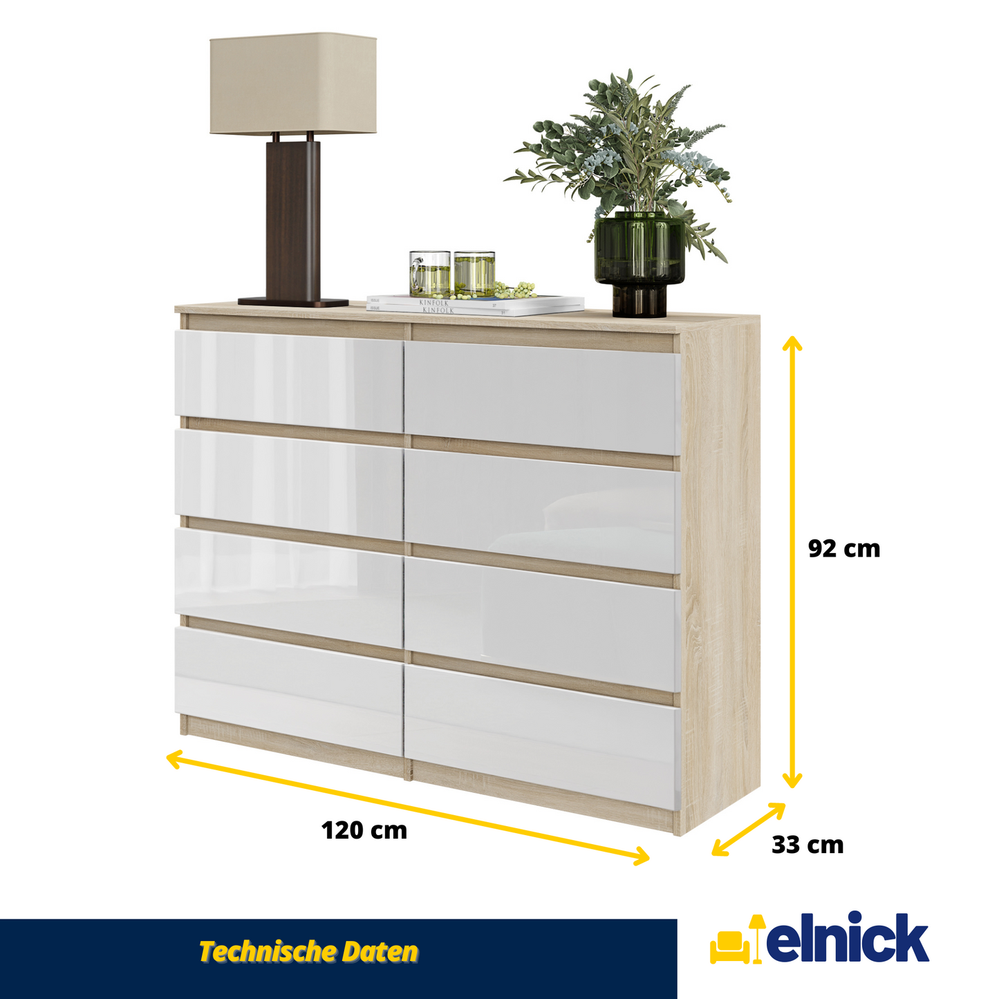 GABRIEL - Kommode / Sideboard mit 8 Schubladen - Sonoma Eiche / Weiß Glanz H92cm B120cm T33cm