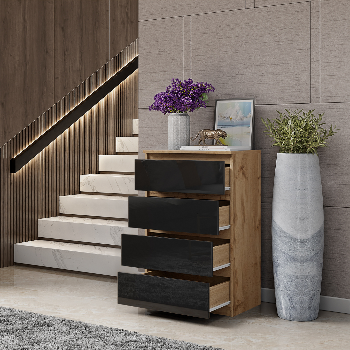 GABRIEL - Kommode / Sideboard mit 4 Schubladen - Wotan Eiche / Schwarz Glanz H92cm B60cm T33cm