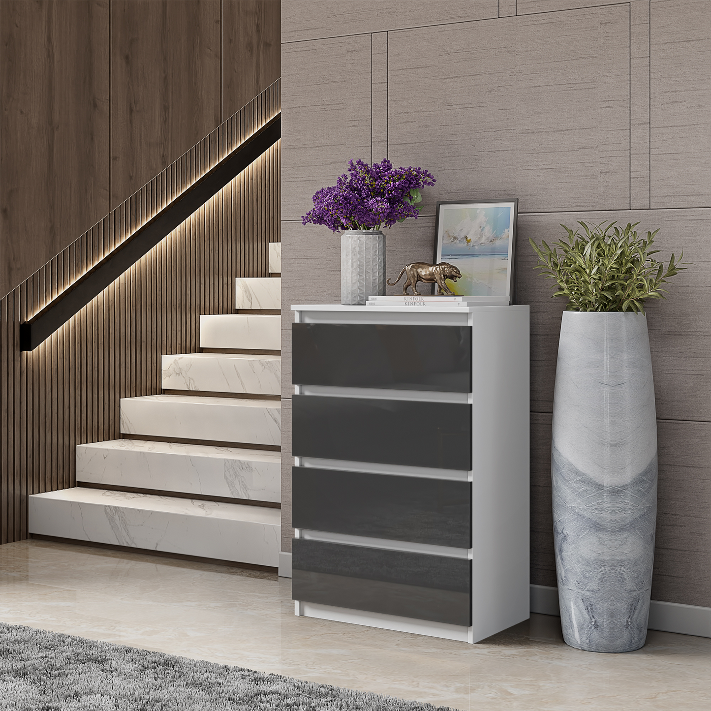Kommode / Sideboard mit 4 Schubladen - Weiß Matt / Anthrazit Gloss