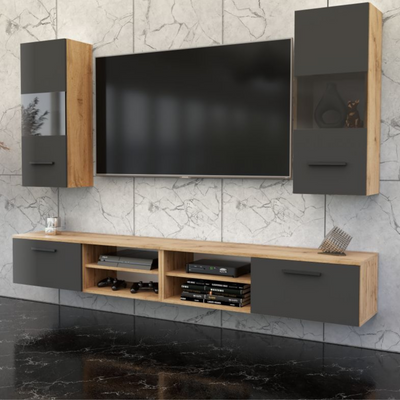 MIRANDA - Wohnwand mit 4 Schränken - Wotan Eiche / Anthrazit Grau 240cm