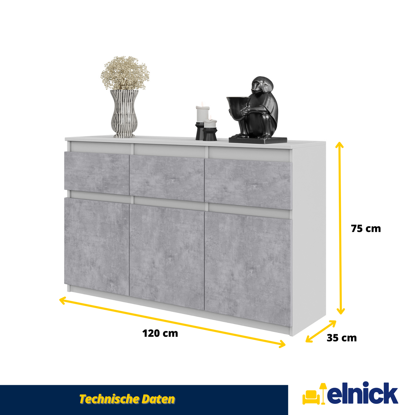NOAH - Kommode / Sideboard mit 3 Schubladen und 3 Türen - Weiß Matt / Beton-Optik