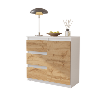 MIKEL - Kommode / Sideboard mit 3 Schubladen und 1 Tür - Weiß Matt / Wotan Eiche