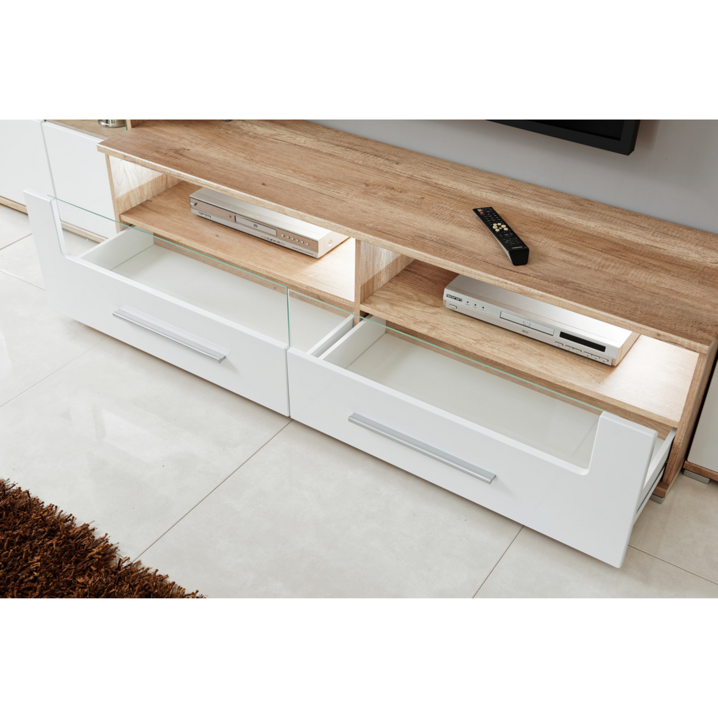 Wohnwand SAALA - Wohnzimmer-Möbel-Set - Eiche Monument / Weiß Gloss