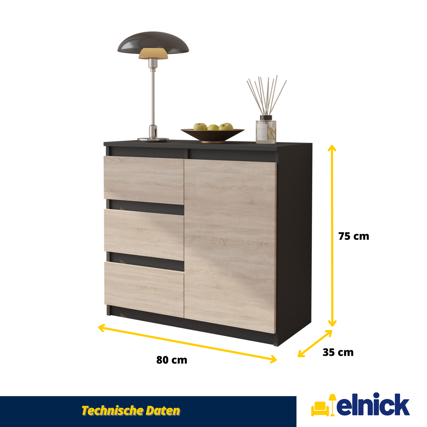 MIKEL - Kommode / Sideboard mit 3 Schubladen und 1 Tür - Anthrazit Grau / Sonoma Eiche