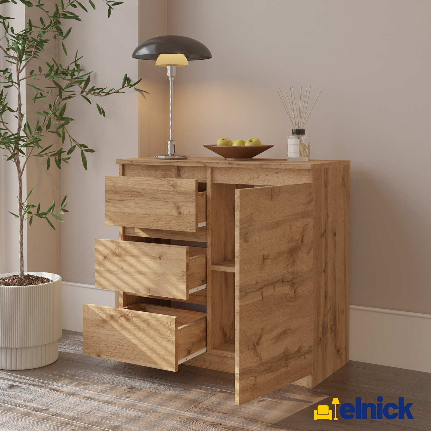 MIKEL - Kommode / Sideboard mit 3 Schubladen und 1 Tür - Wotan Eiche
