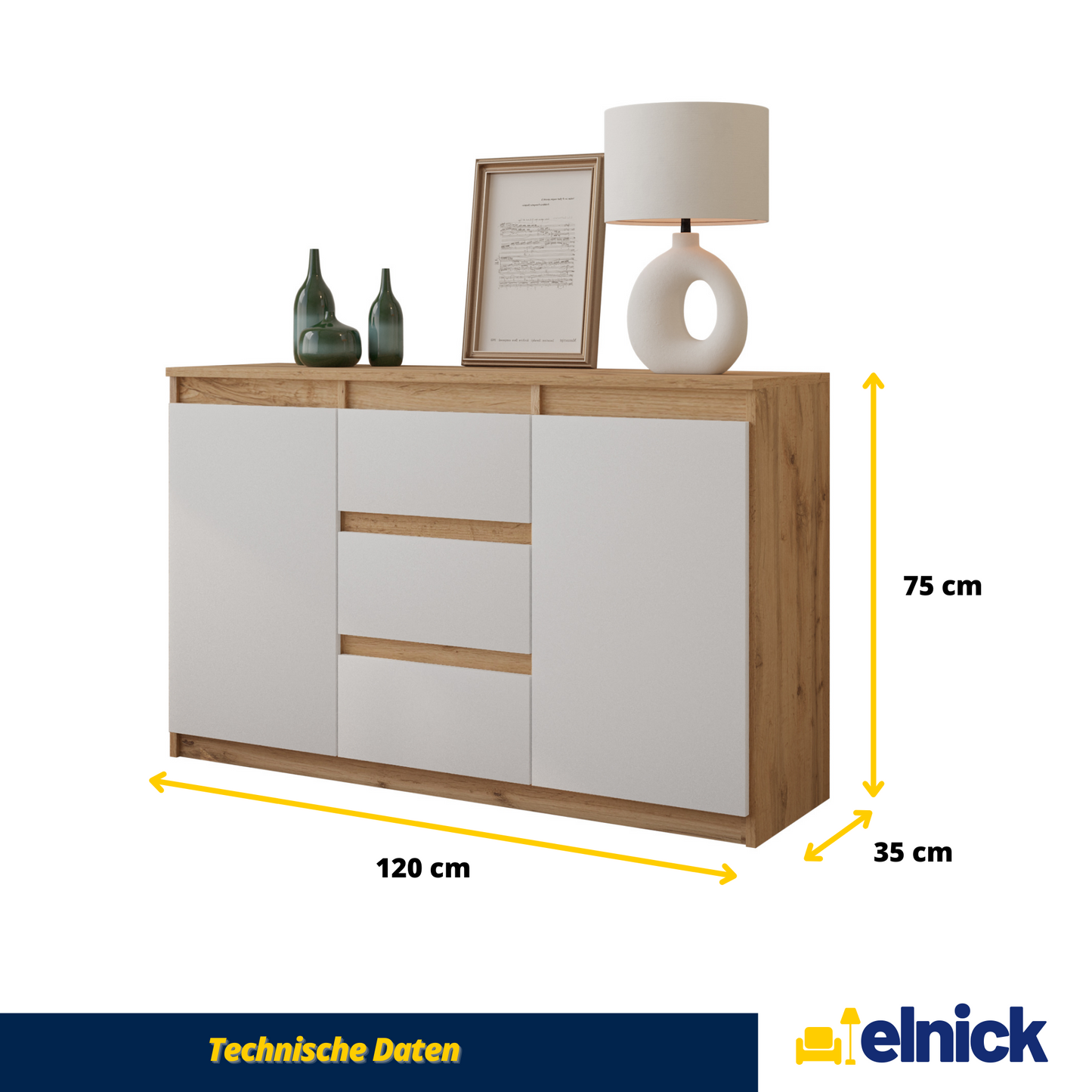 MIKEL - Kommode / Sideboard mit 3 Schubladen und 2 Türen - Wotan Eiche / Weiß Matt