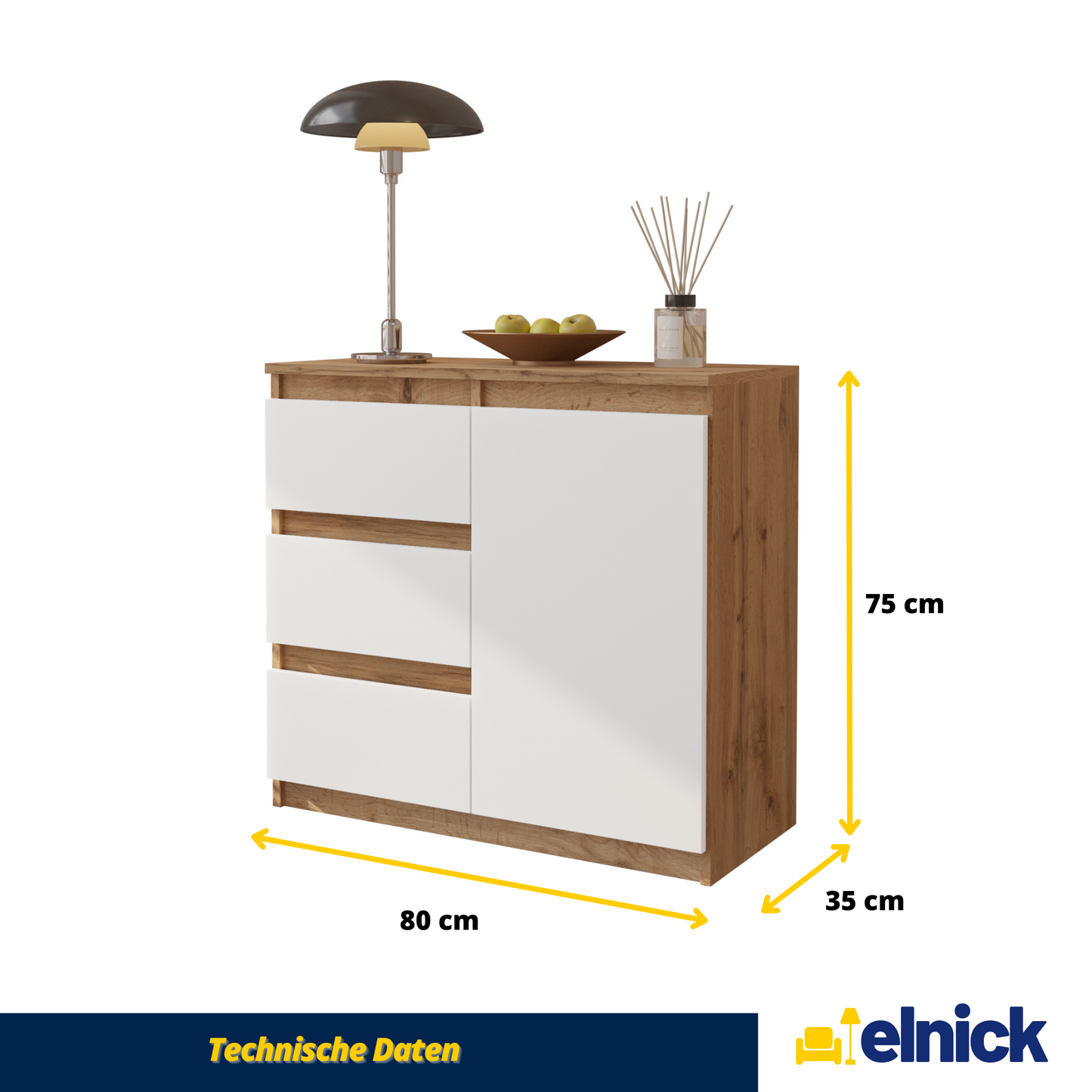 MIKEL - Kommode / Sideboard mit 3 Schubladen und 1 Tür - Wotan Eiche / Weiß Matt