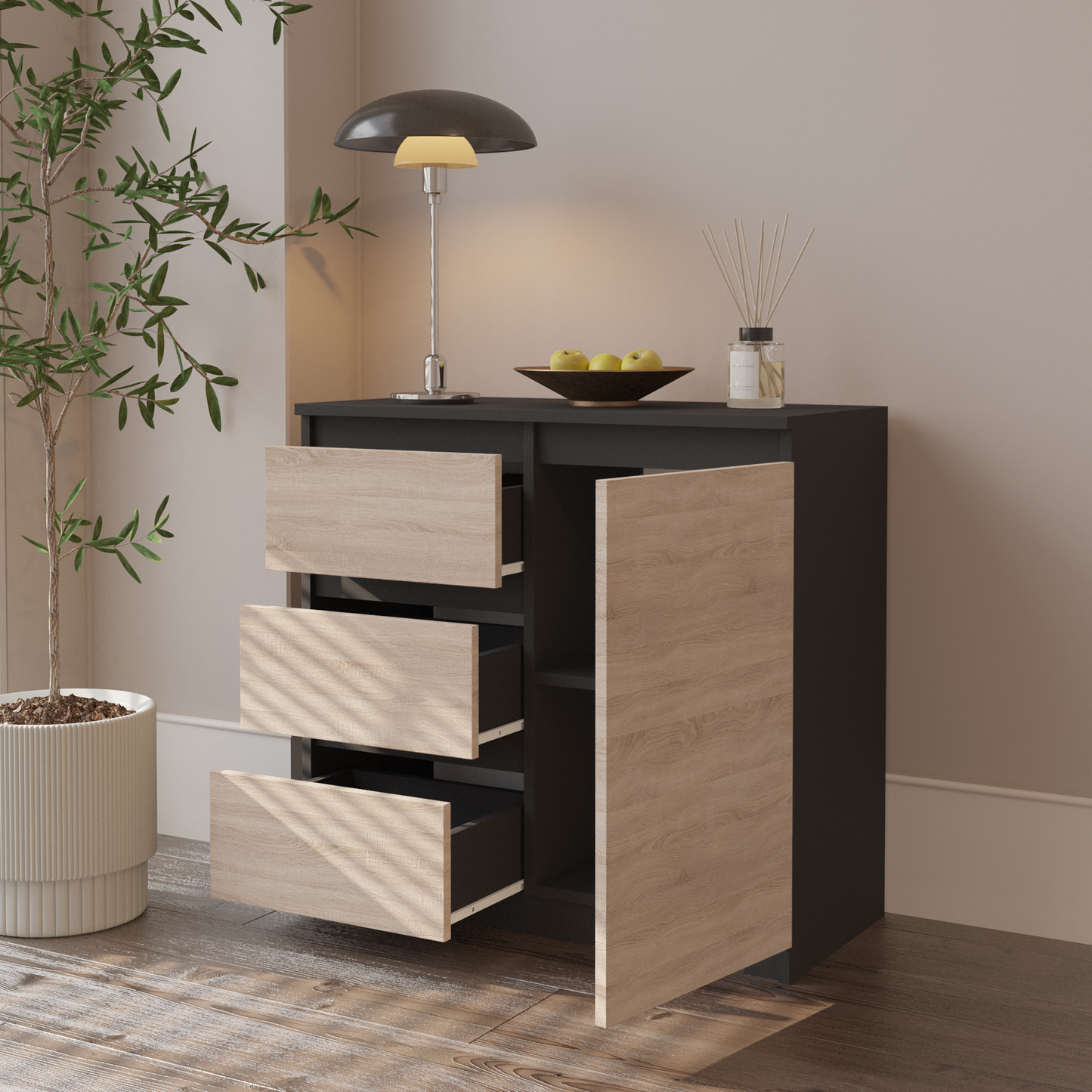MIKEL - Kommode / Sideboard mit 3 Schubladen und 1 Tür - Anthrazit Grau / Sonoma Eiche