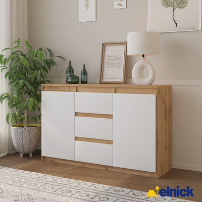 MIKEL - Kommode / Sideboard mit 3 Schubladen und 2 Türen - Wotan Eiche / Weiß Matt