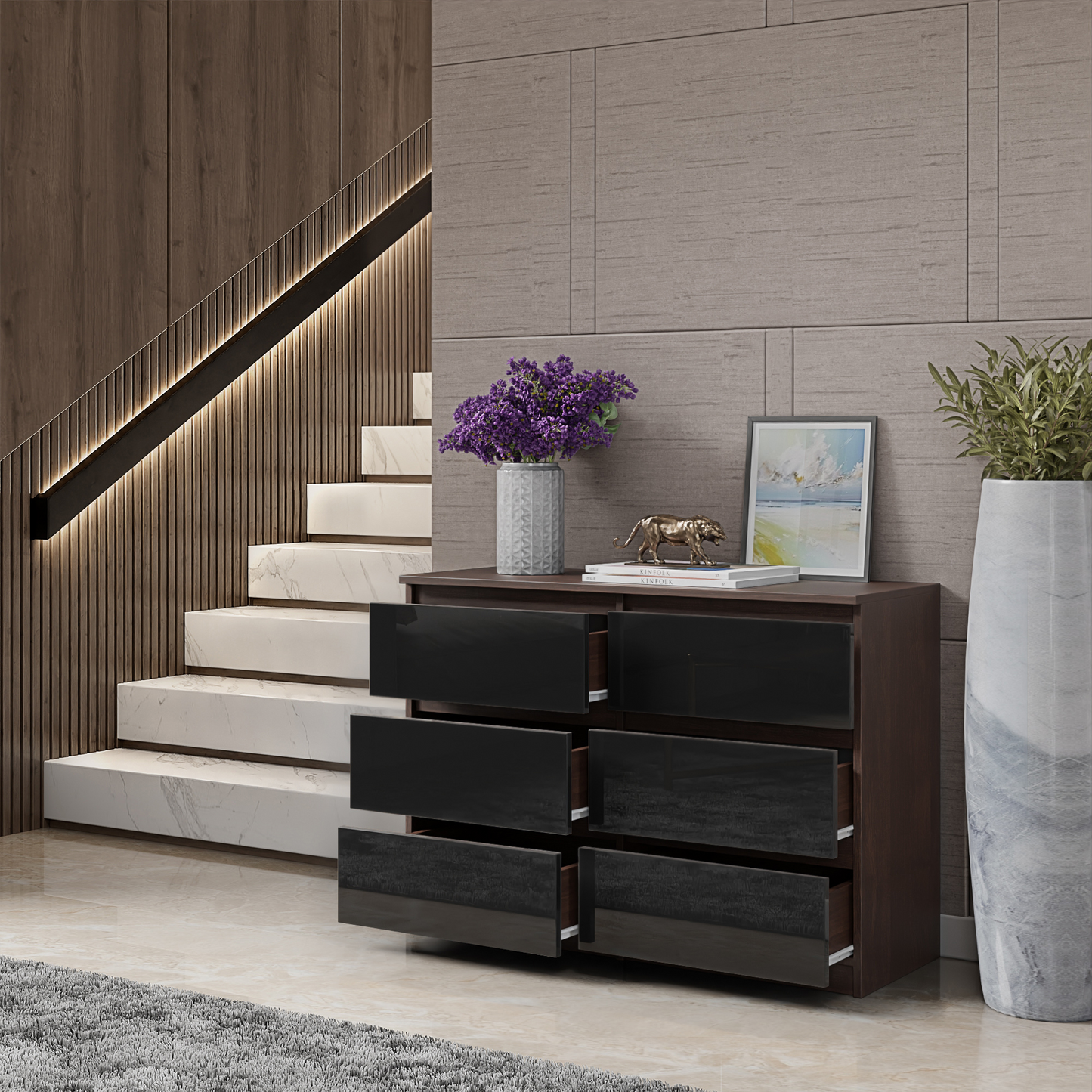 GABRIEL - Kommode / Sideboard mit 6 Schubladen - Wenge / Schwarz Glanz H71cm B100cm T33cm