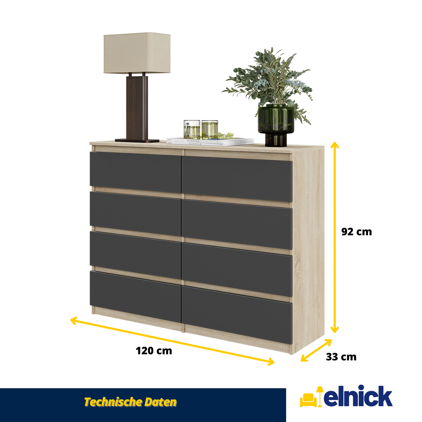 GABRIEL - Kommode / Sideboard mit 8 Schubladen - Sonoma Eiche / Anthrazit H92cm B120cm T33cm