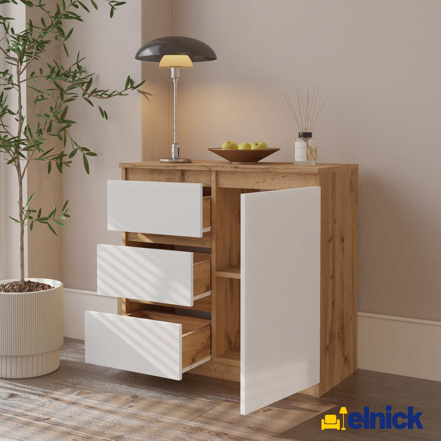 MIKEL - Kommode / Sideboard mit 3 Schubladen und 1 Tür - Wotan Eiche / Weiß Matt