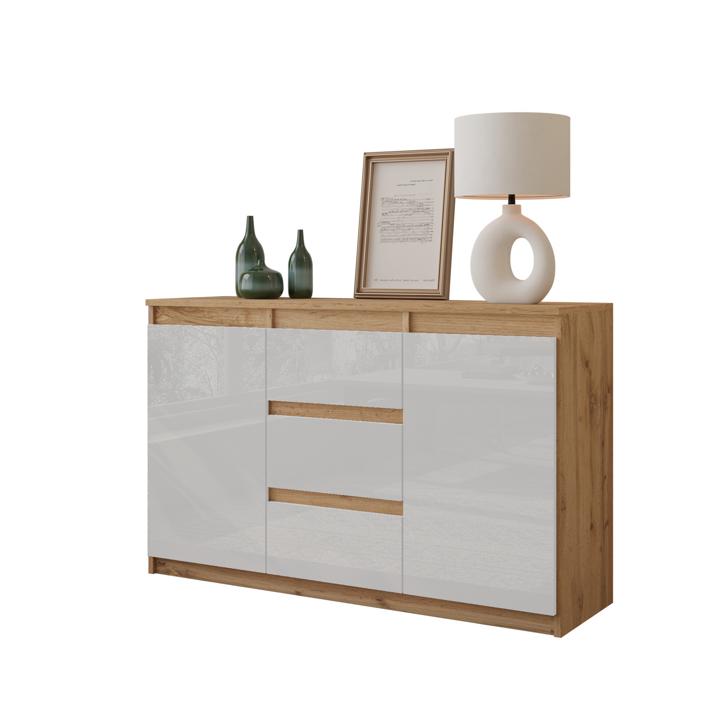 MIKEL - Kommode / Sideboard mit 3 Schubladen und 2 Türen - Wotan Eiche / Weiß Gloss