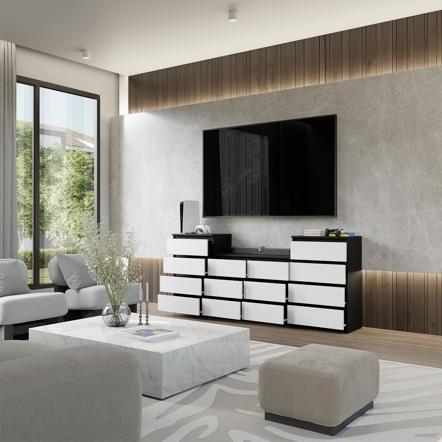 GABRIEL - Kommode / Sideboard mit 14 Schubladen (4+6+4) - Schwarz Matt / Weiß Matt