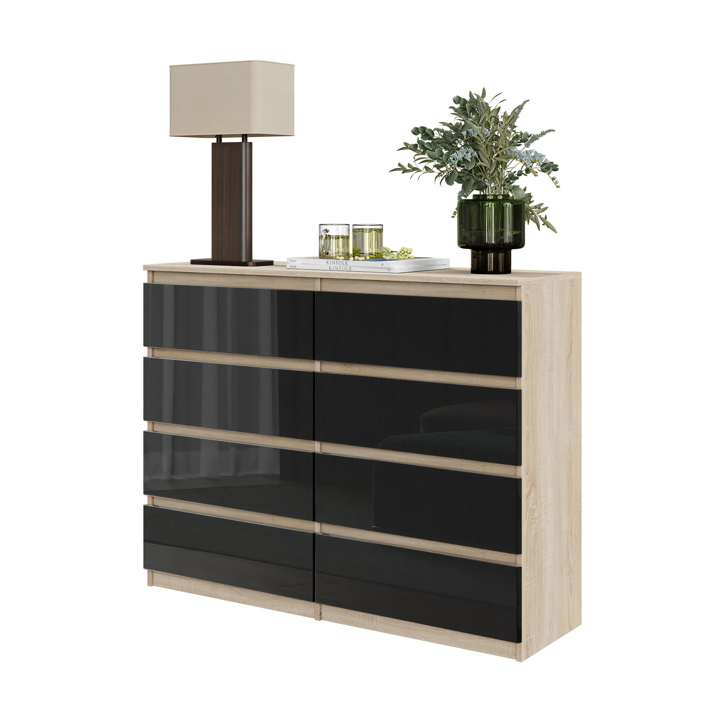 GABRIEL - Kommode / Sideboard mit 8 Schubladen - Sonoma Eiche / Schwarz Glanz H92cm B120cm T33cm