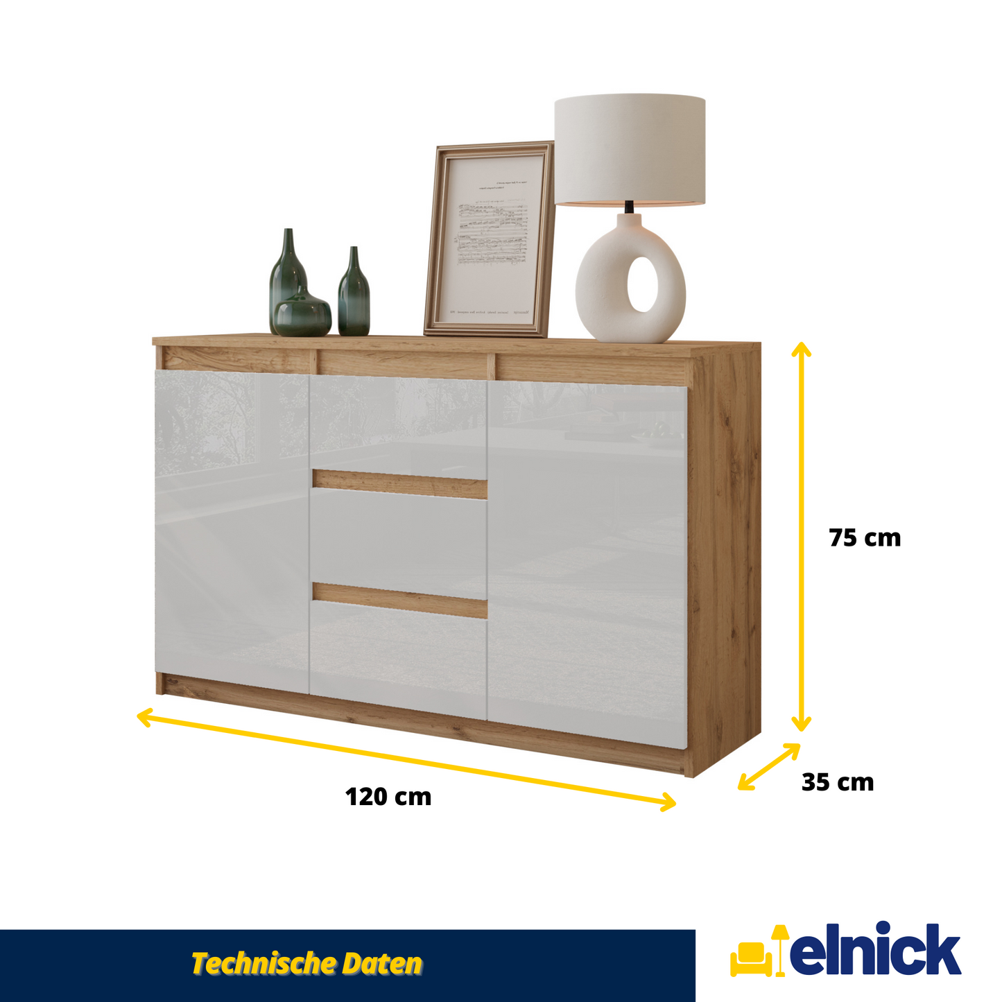 MIKEL - Kommode / Sideboard mit 3 Schubladen und 2 Türen - Wotan Eiche / Weiß Gloss