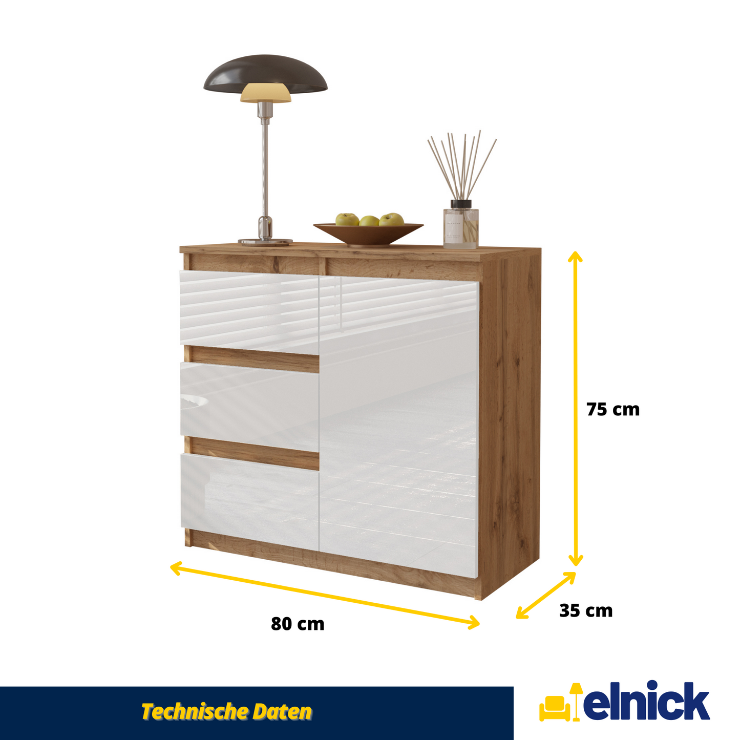 MIKEL - Kommode / Sideboard mit 3 Schubladen und 1 Tür - Wotan Eiche / Weiß Gloss