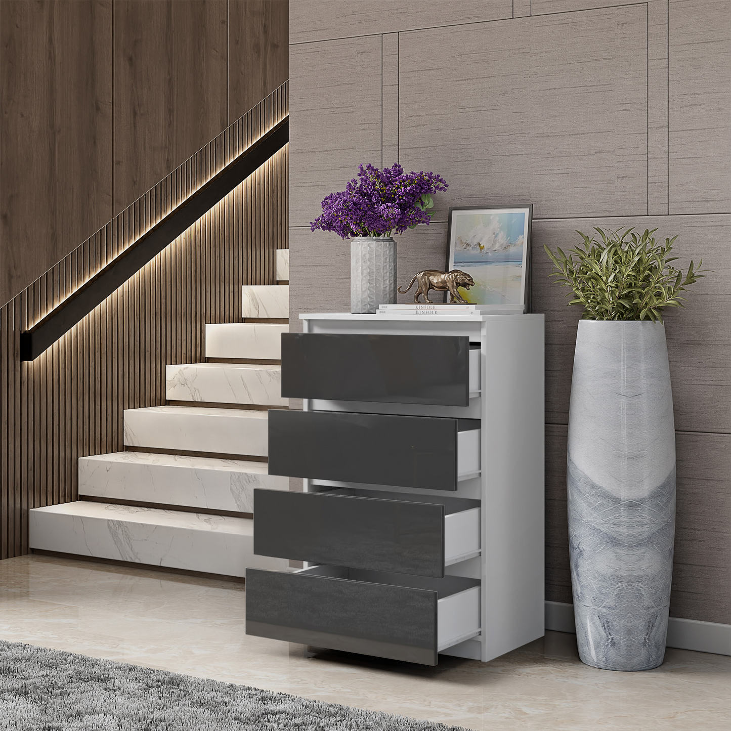 Kommode / Sideboard mit 4 Schubladen - Weiß Matt / Anthrazit Gloss