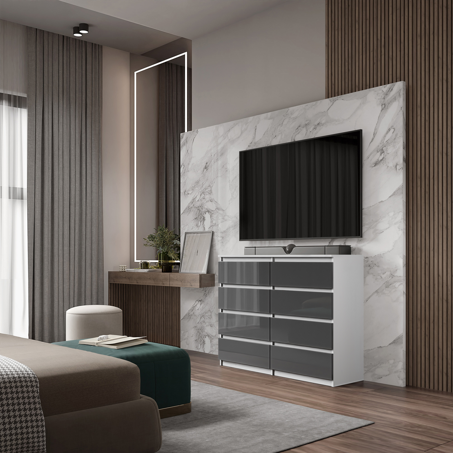 GABRIEL - Kommode / Sideboard mit 8 Schubladen - Weiß Matt / Anthrazit Grau Gloss