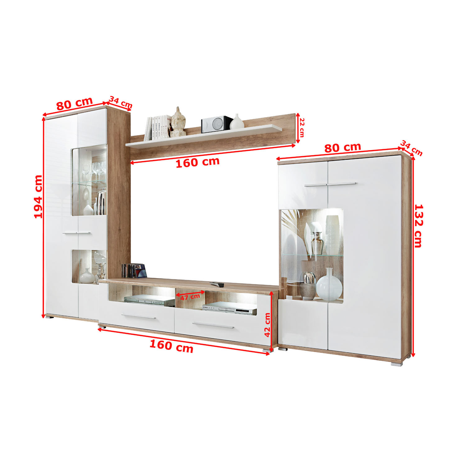 Wohnwand SAALA - Wohnzimmer-Möbel-Set - Eiche Monument / Weiß Gloss