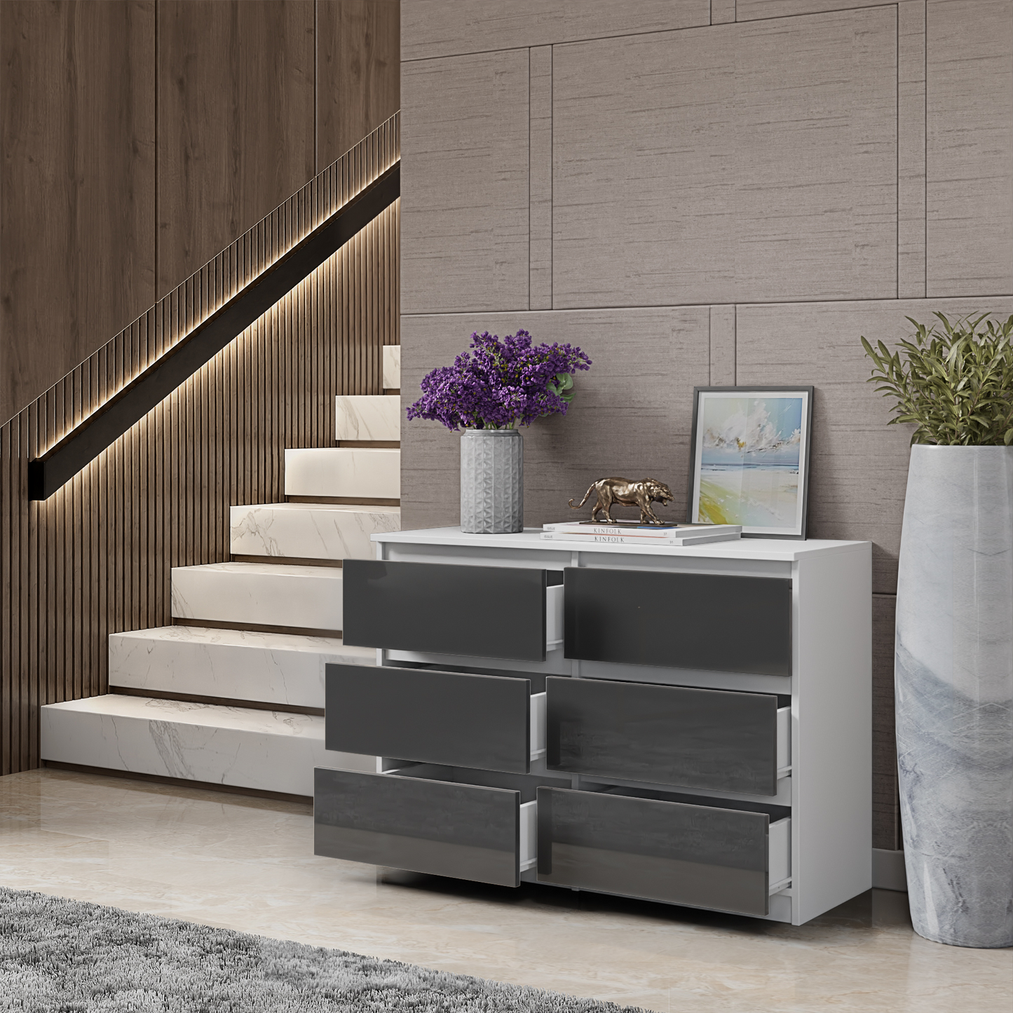 GABRIEL - Kommode / Sideboard mit 6 Schubladen - Weiß Matt / Anthrazit Gloss