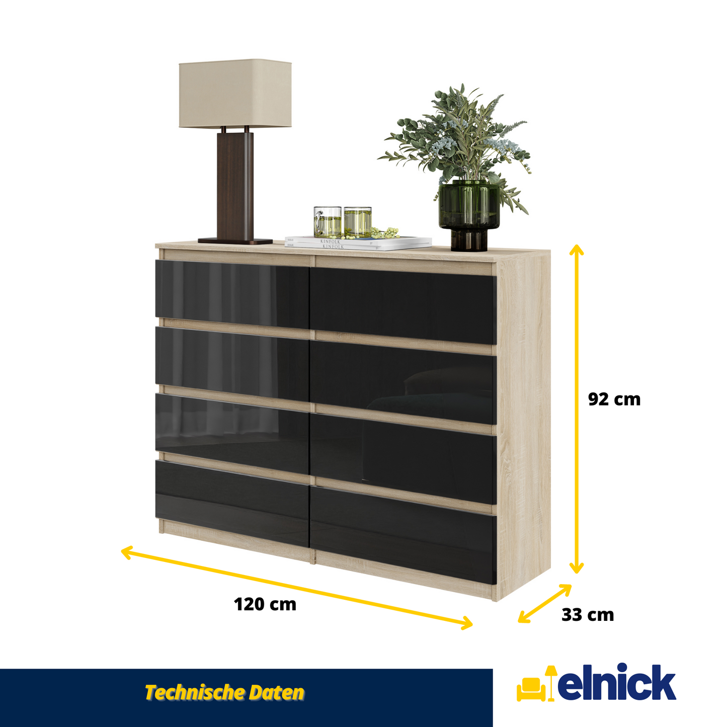 GABRIEL - Kommode / Sideboard mit 8 Schubladen - Sonoma Eiche / Schwarz Glanz H92cm B120cm T33cm