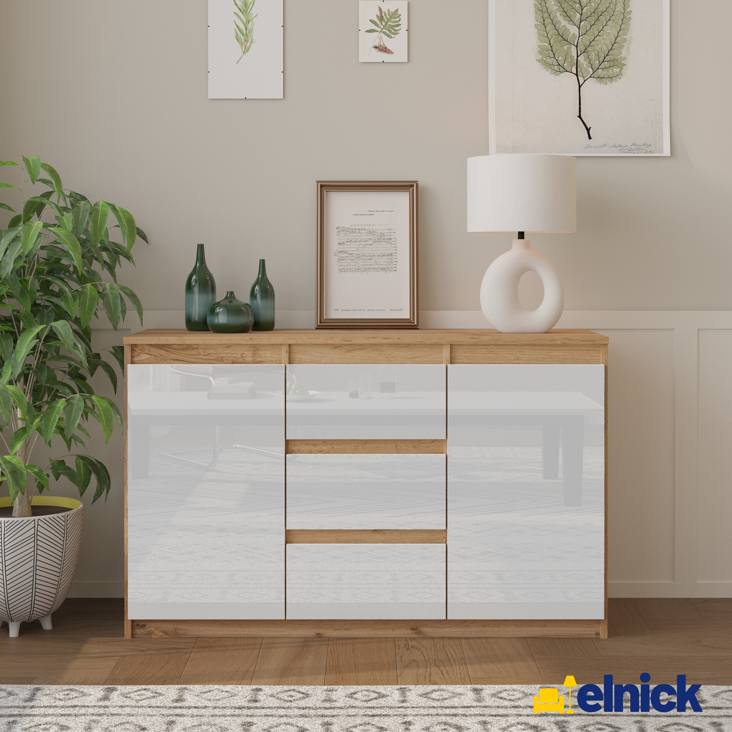 MIKEL - Kommode / Sideboard mit 3 Schubladen und 2 Türen - Wotan Eiche / Weiß Gloss