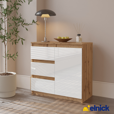 MIKEL - Kommode / Sideboard mit 3 Schubladen und 1 Tür - Wotan Eiche / Weiß Gloss