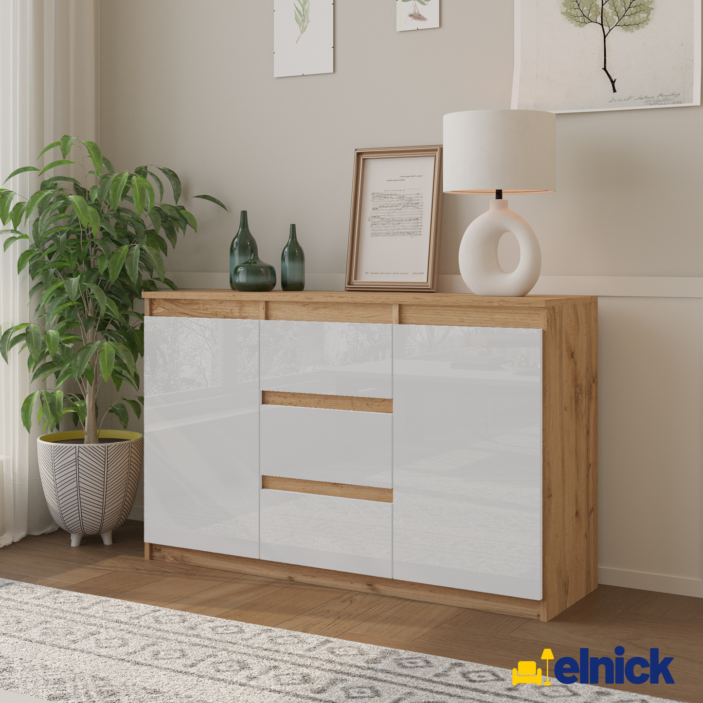MIKEL - Kommode / Sideboard mit 3 Schubladen und 2 Türen - Wotan Eiche / Weiß Gloss