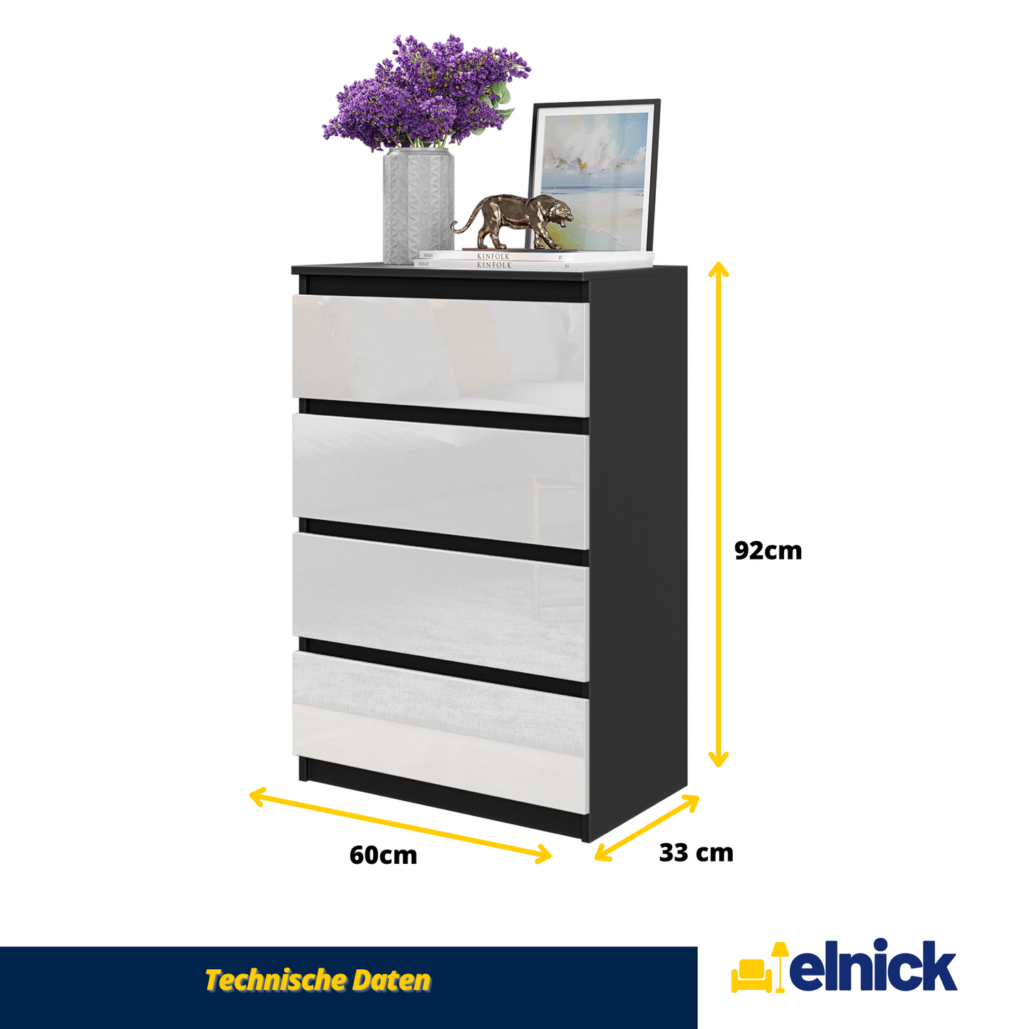 GABRIEL - Kommode / Sideboard mit 4 Schubladen - Schwarz Matt / Weiß Glanz H92cm B60cm T33cm