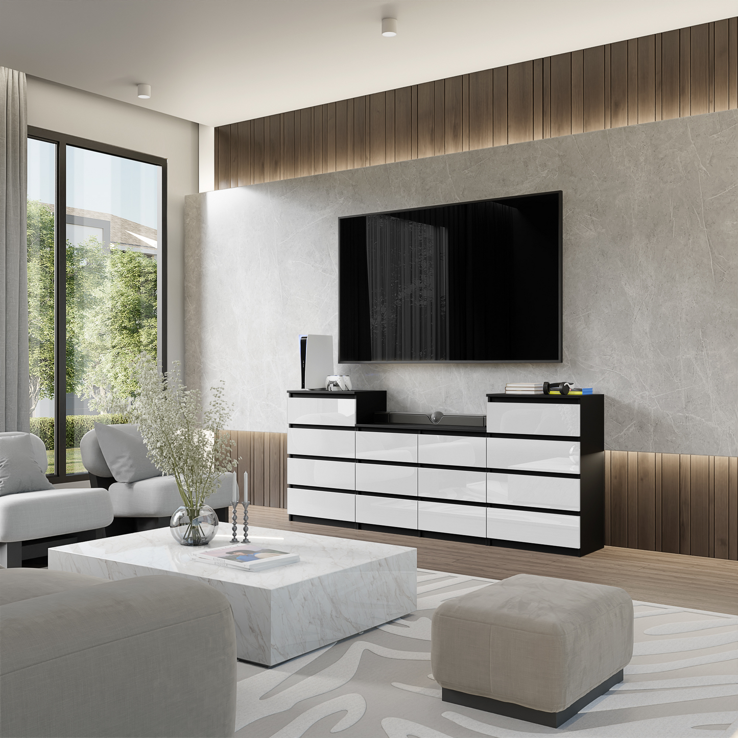 GABRIEL - Kommode / Sideboard mit 14 Schubladen (4+6+4) - Schwarz Matt / Weiß Gloss