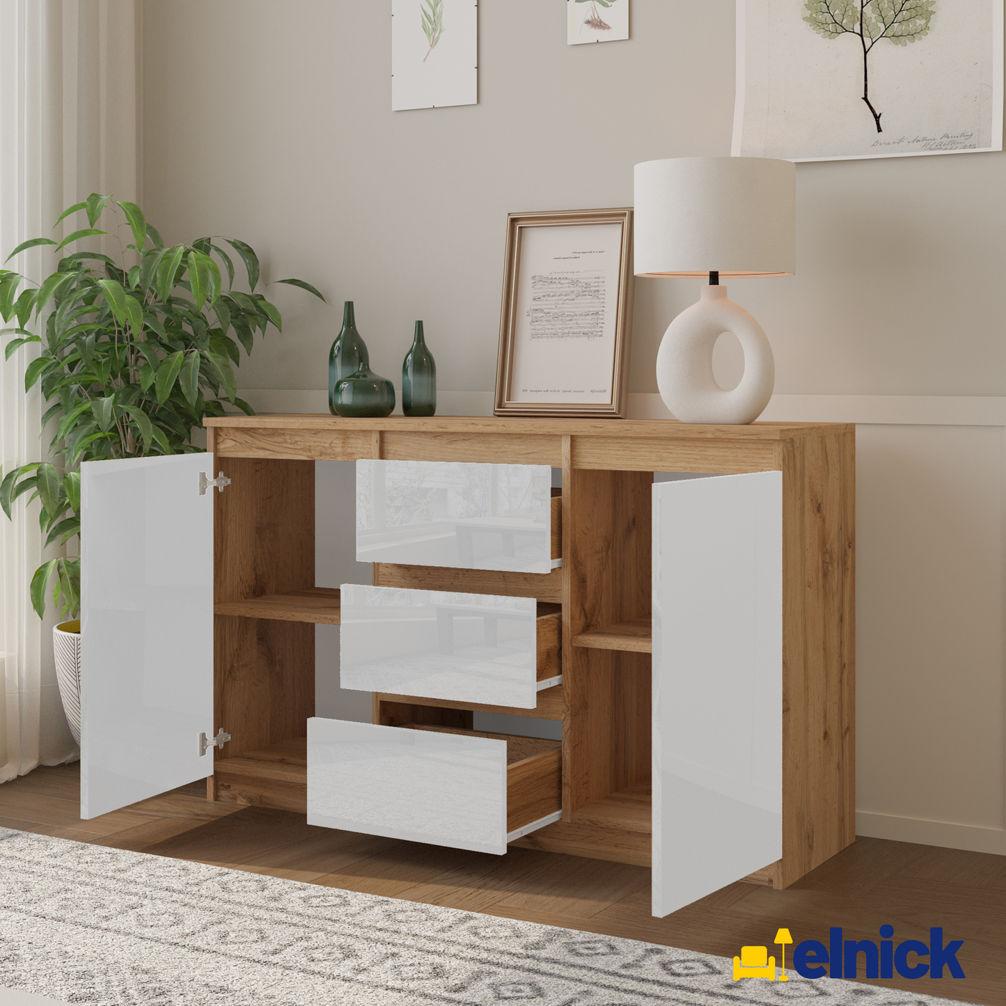 MIKEL - Kommode / Sideboard mit 3 Schubladen und 2 Türen - Wotan Eiche / Weiß Gloss