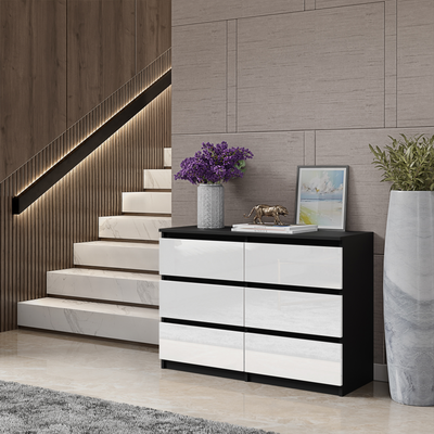 GABRIEL - Kommode / Sideboard mit 6 Schubladen - Schwarz Matt / Weiß Glanz H71cm B100cm T33cm