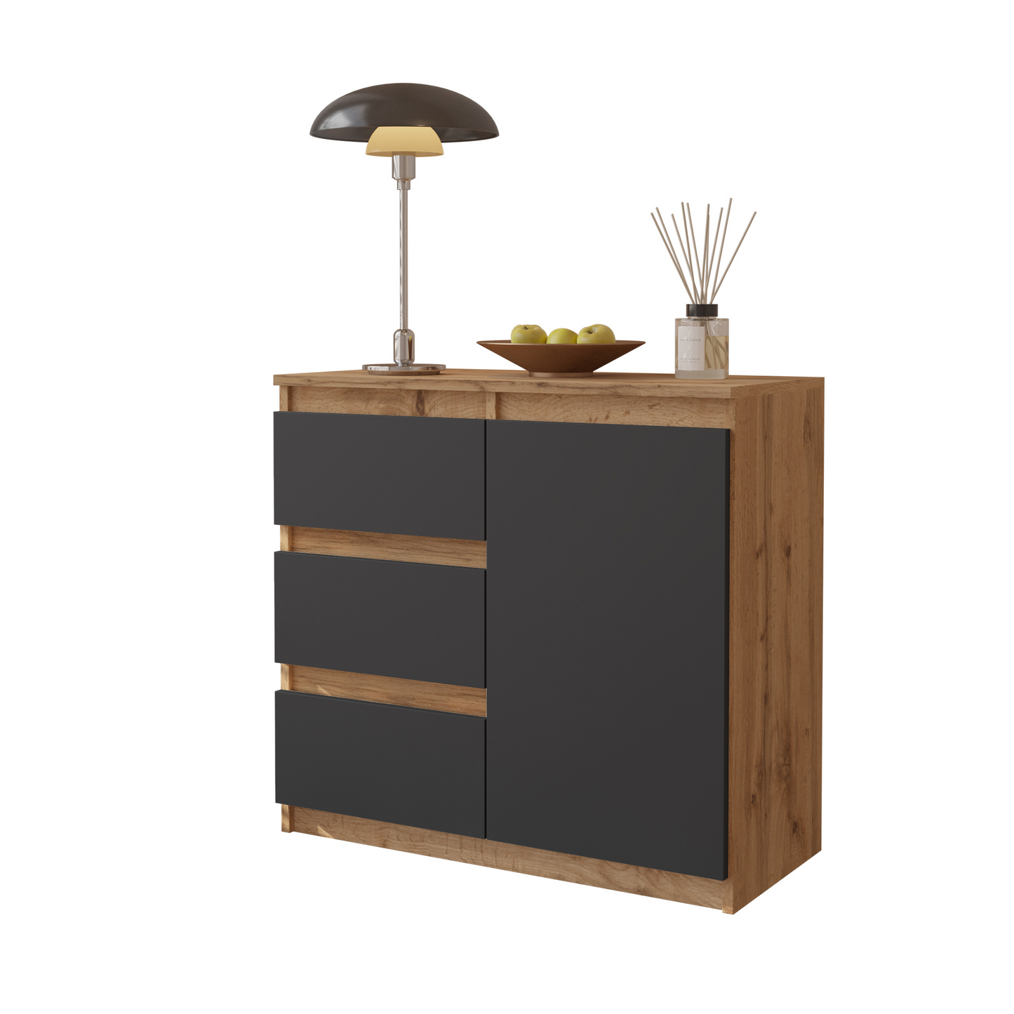 MIKEL - Kommode / Sideboard mit 3 Schubladen und 1 Tür - Wotan Eiche / Anthrazit Grau