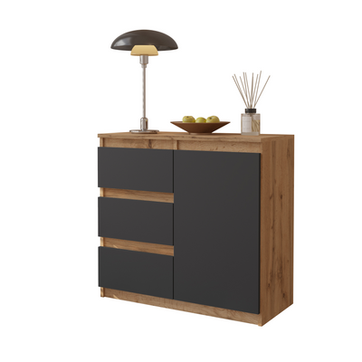 MIKEL - Kommode / Sideboard mit 3 Schubladen und 1 Tür - Wotan Eiche / Anthrazit Grau