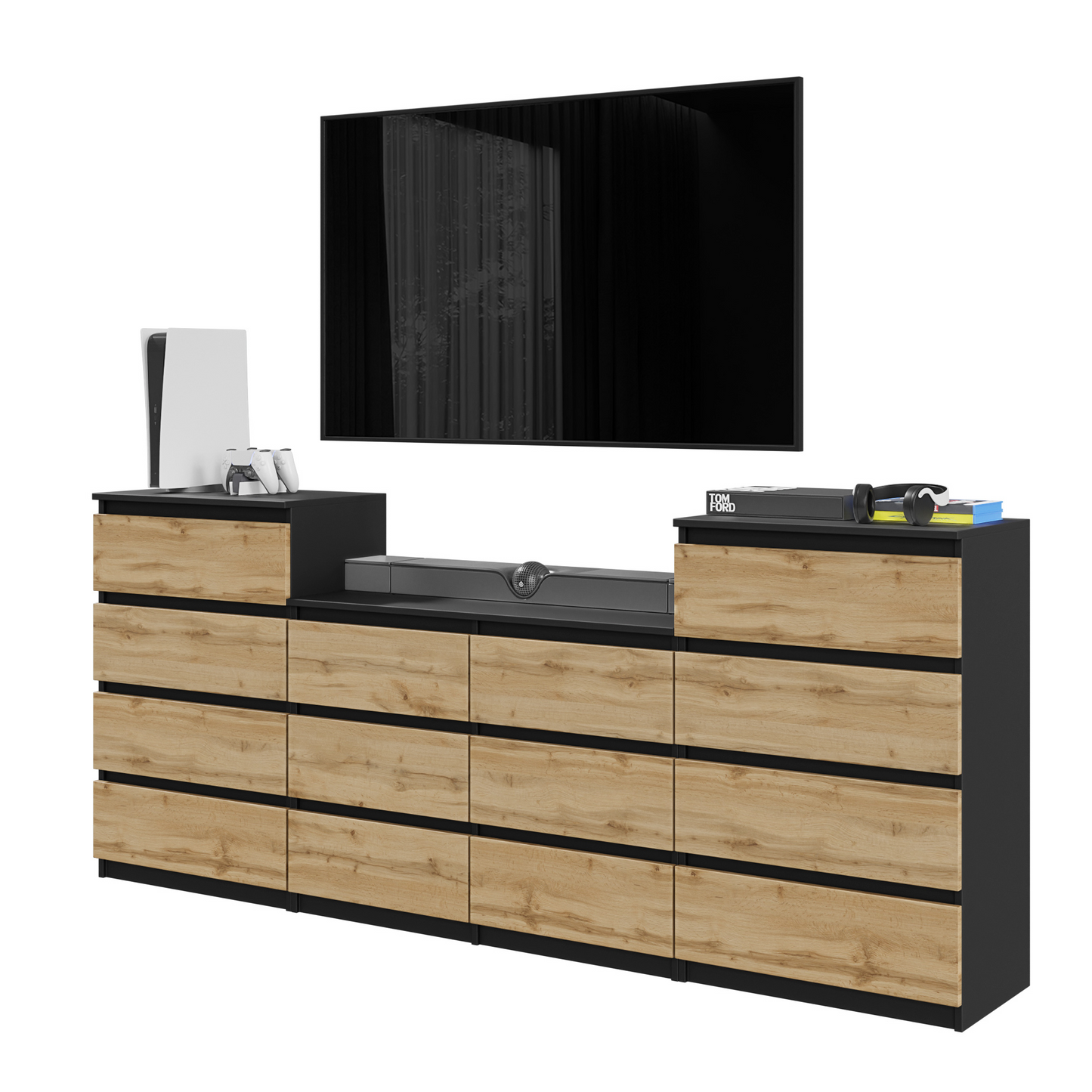 GABRIEL - Kommode / Sideboard mit 14 Schubladen (4+6+4) - Schwarz Matt / Wotan Eiche
