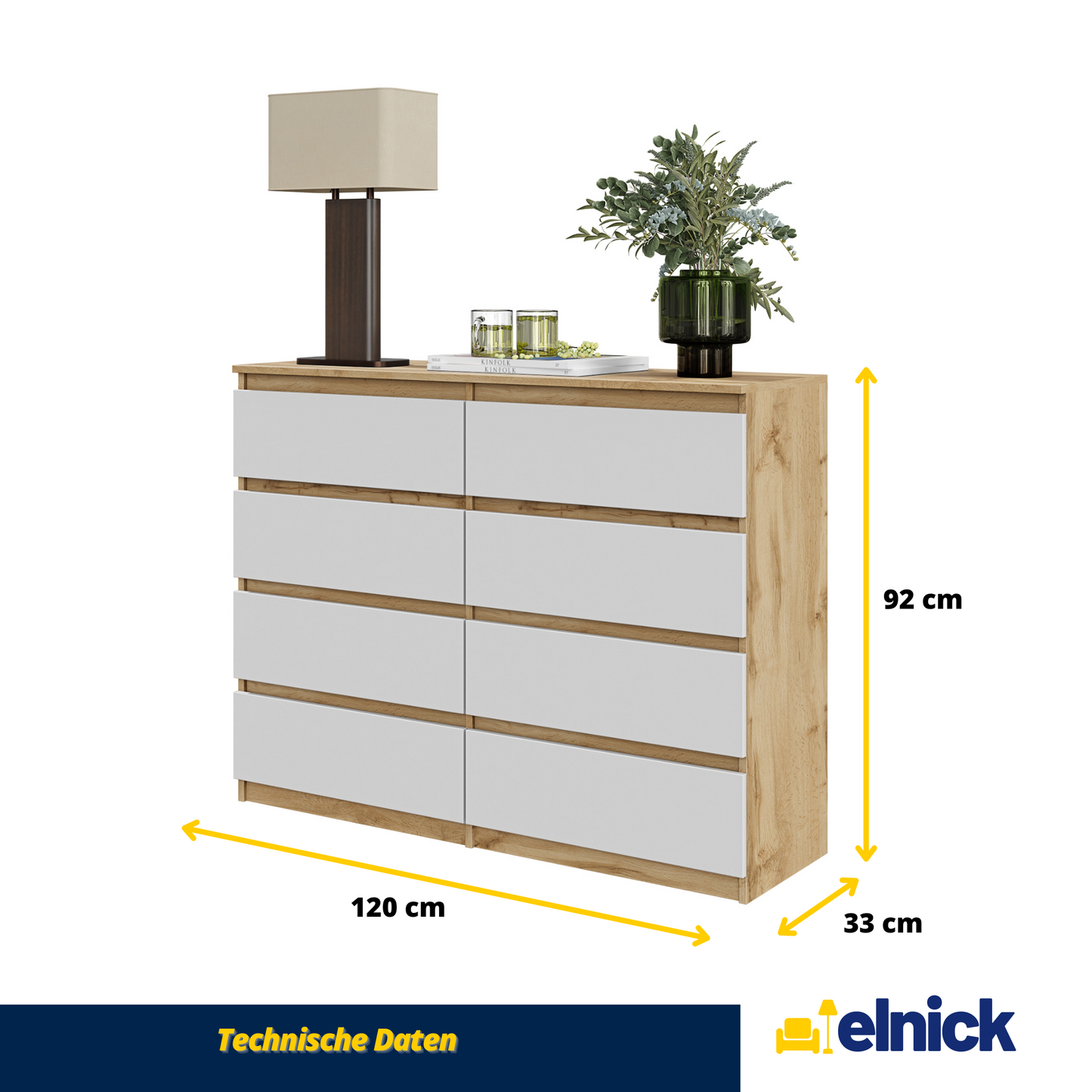 GABRIEL - Kommode / Sideboard mit 8 Schubladen - Wotan Oak / White Matt H92cm B120cm T33cm