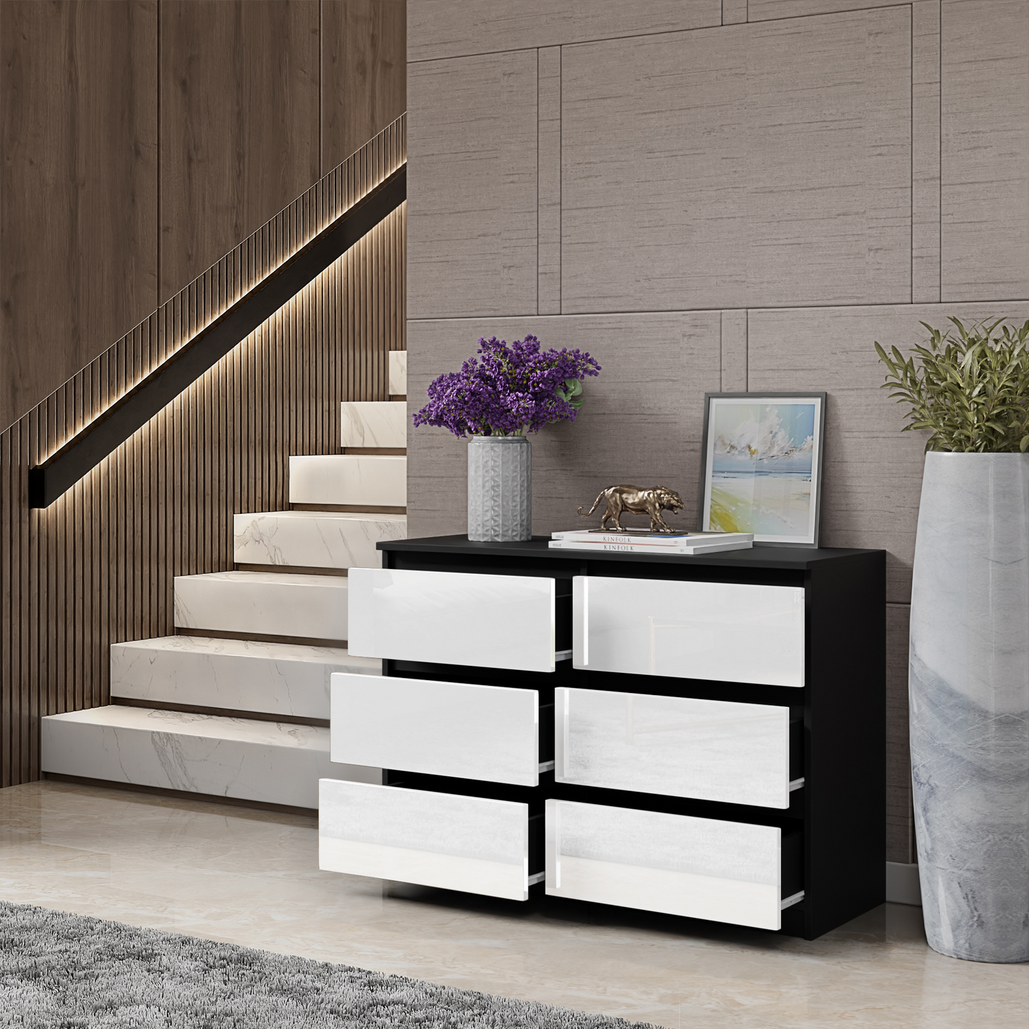 GABRIEL - Kommode / Sideboard mit 6 Schubladen - Schwarz Matt / Weiß Glanz H71cm B100cm T33cm