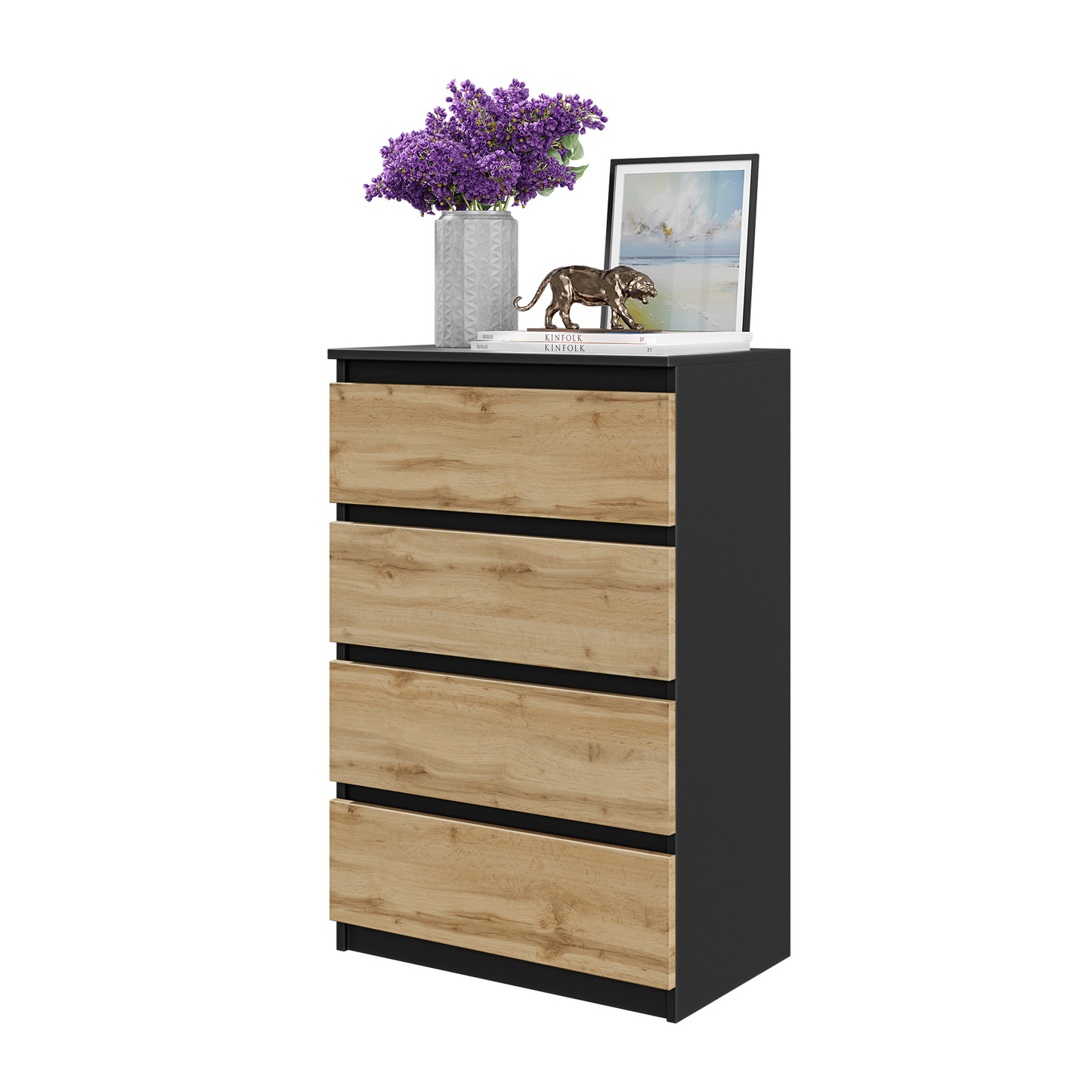 GABRIEL - Kommode / Sideboard mit 4 Schubladen - Schwarz Matt / Wotan Eiche H92cm B60cm T33cm