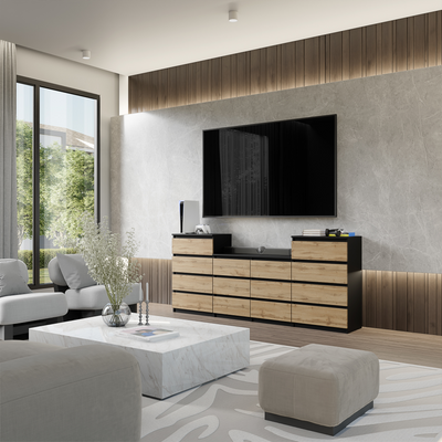 GABRIEL - Kommode / Sideboard mit 14 Schubladen (4+6+4) - Schwarz Matt / Wotan Eiche