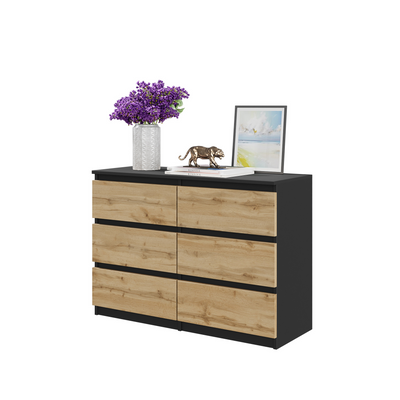 GABRIEL - Kommode / Sideboard mit 6 Schubladen - Schwarz Matt / Wotan Eiche H71cm B100cm T33cm