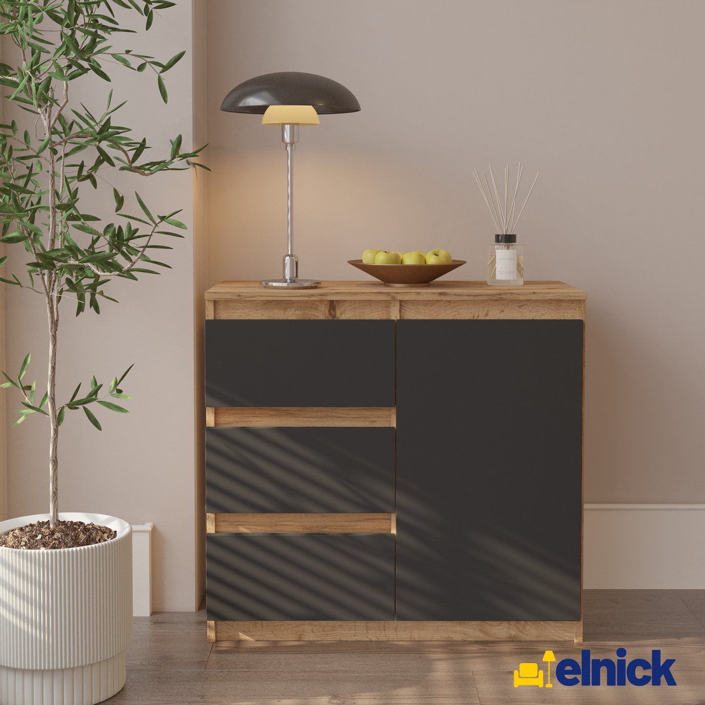 MIKEL - Kommode / Sideboard mit 3 Schubladen und 1 Tür - Wotan Eiche / Anthrazit Grau