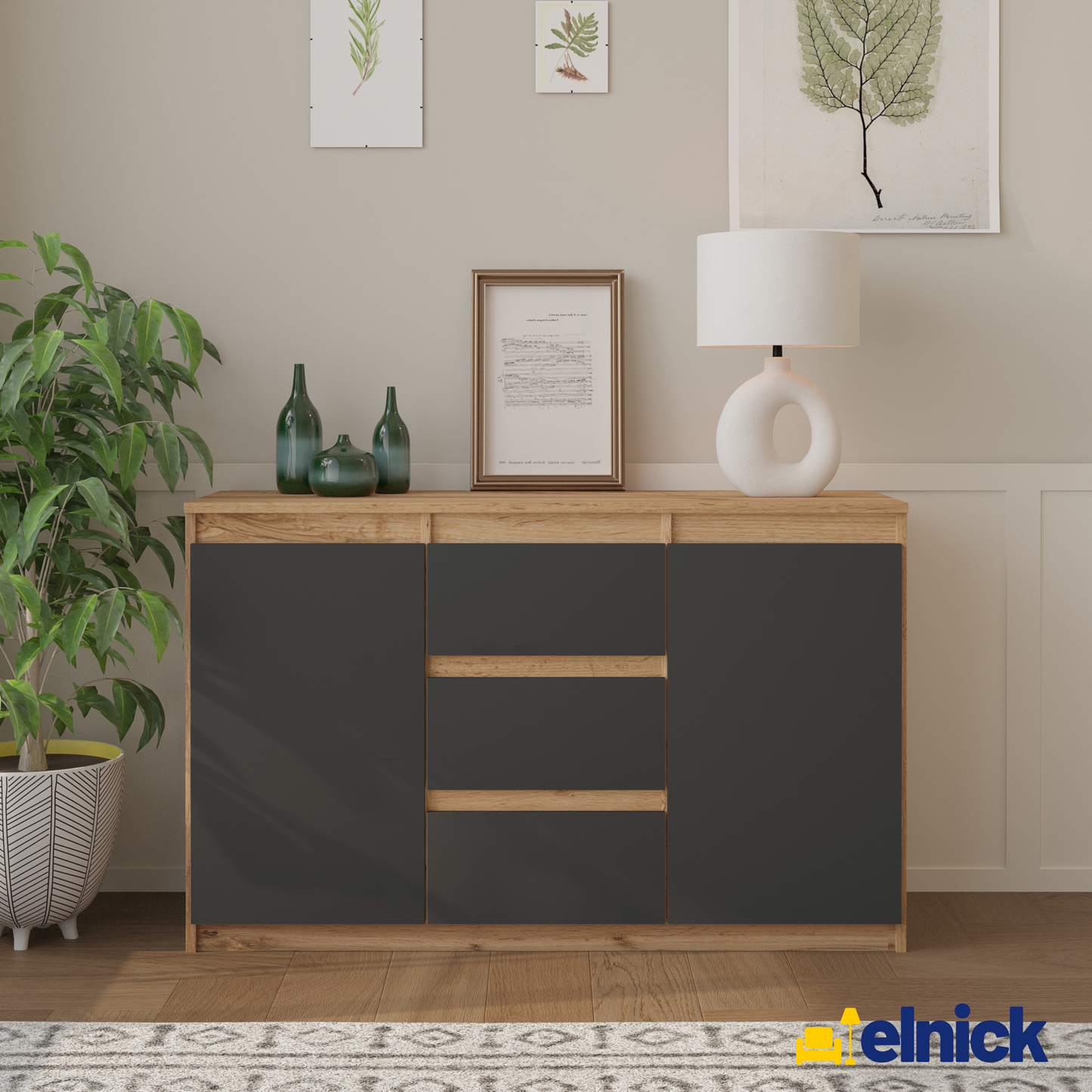 MIKEL - Kommode / Sideboard mit 3 Schubladen und 2 Türen - Wotan Eiche / Anthrazit Grau