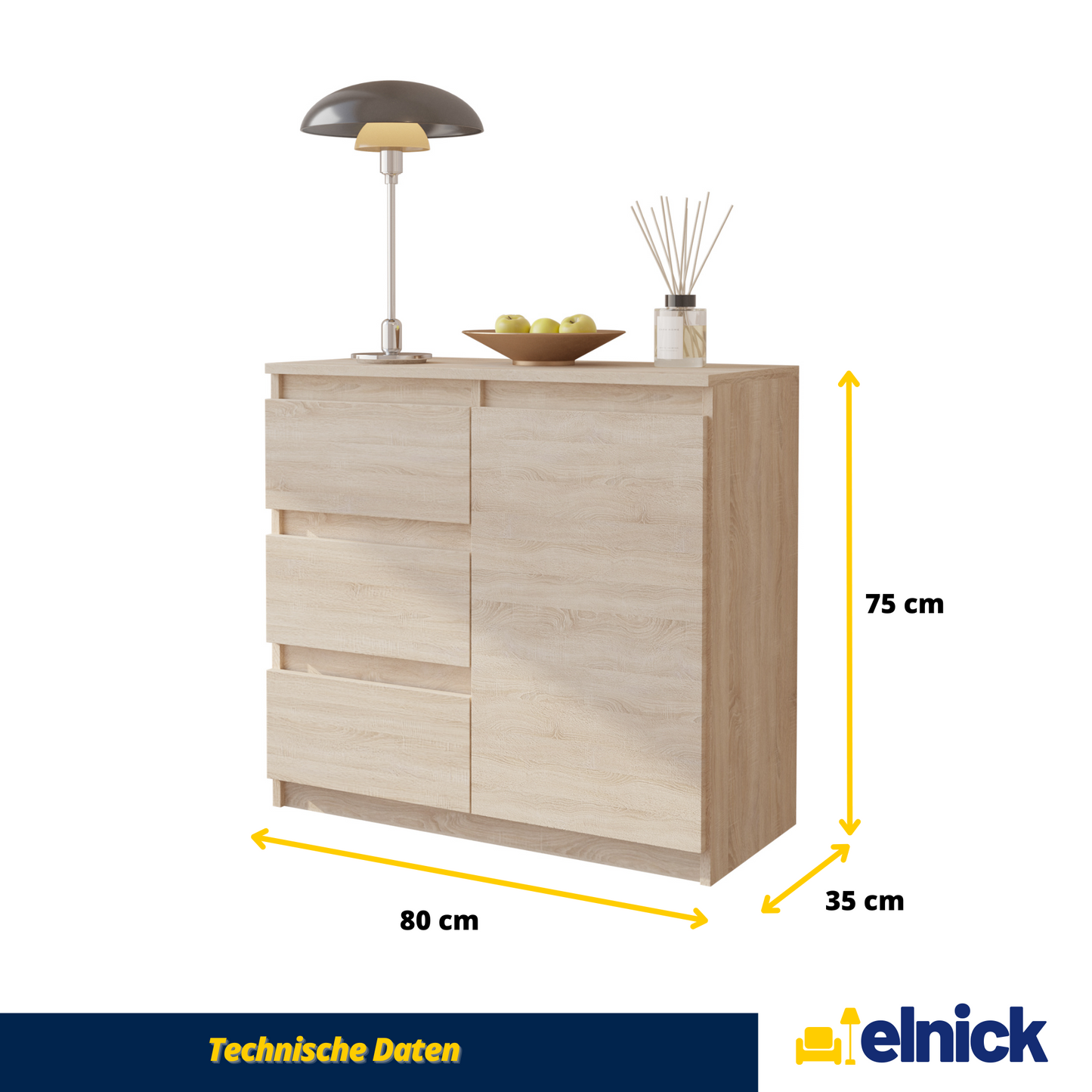 MIKEL - Kommode / Sideboard mit 3 Schubladen und 1 Tür - Sonoma Eiche