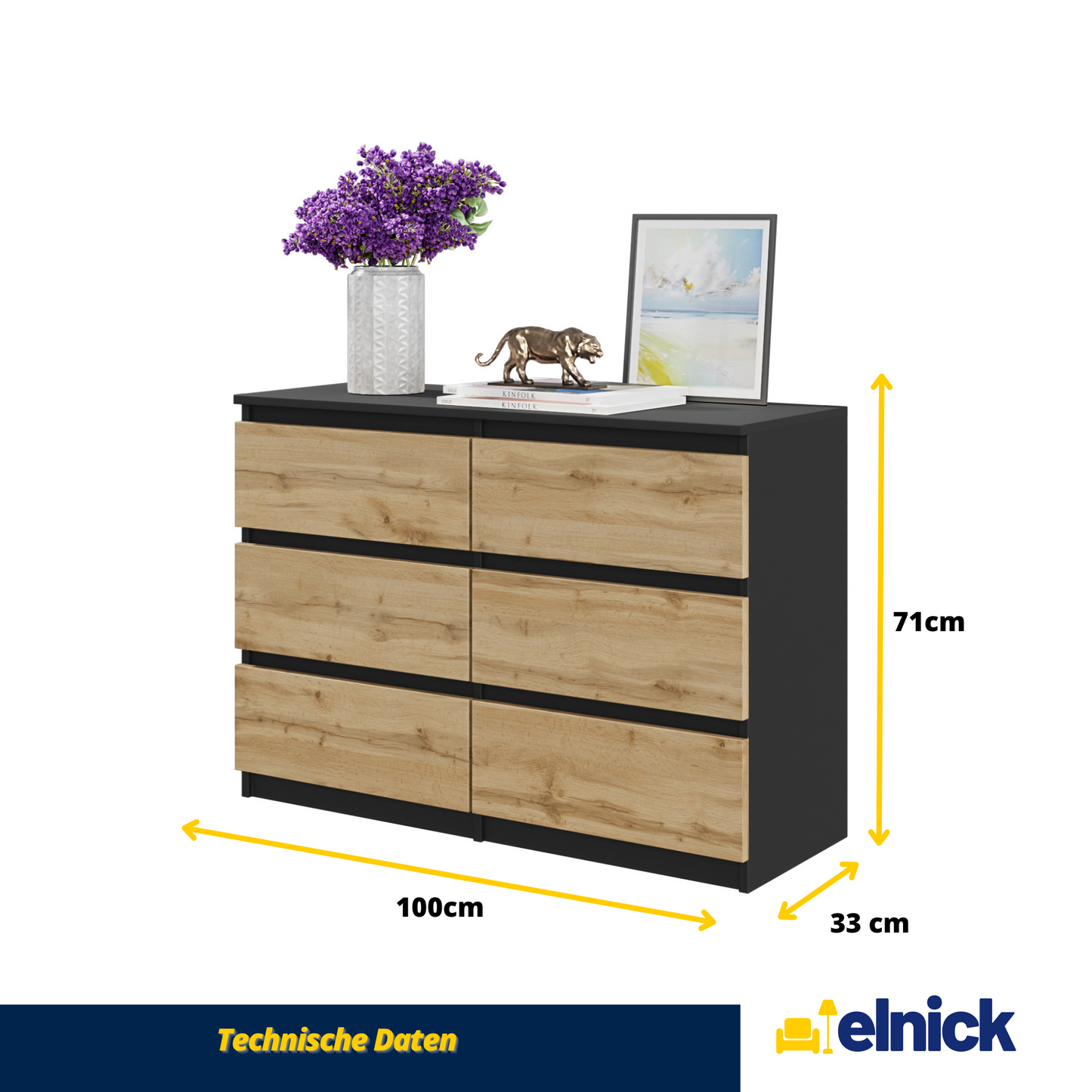 GABRIEL - Kommode / Sideboard mit 6 Schubladen - Schwarz Matt / Wotan Eiche H71cm B100cm T33cm