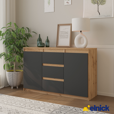 MIKEL - Kommode / Sideboard mit 3 Schubladen und 2 Türen - Wotan Eiche / Anthrazit Grau