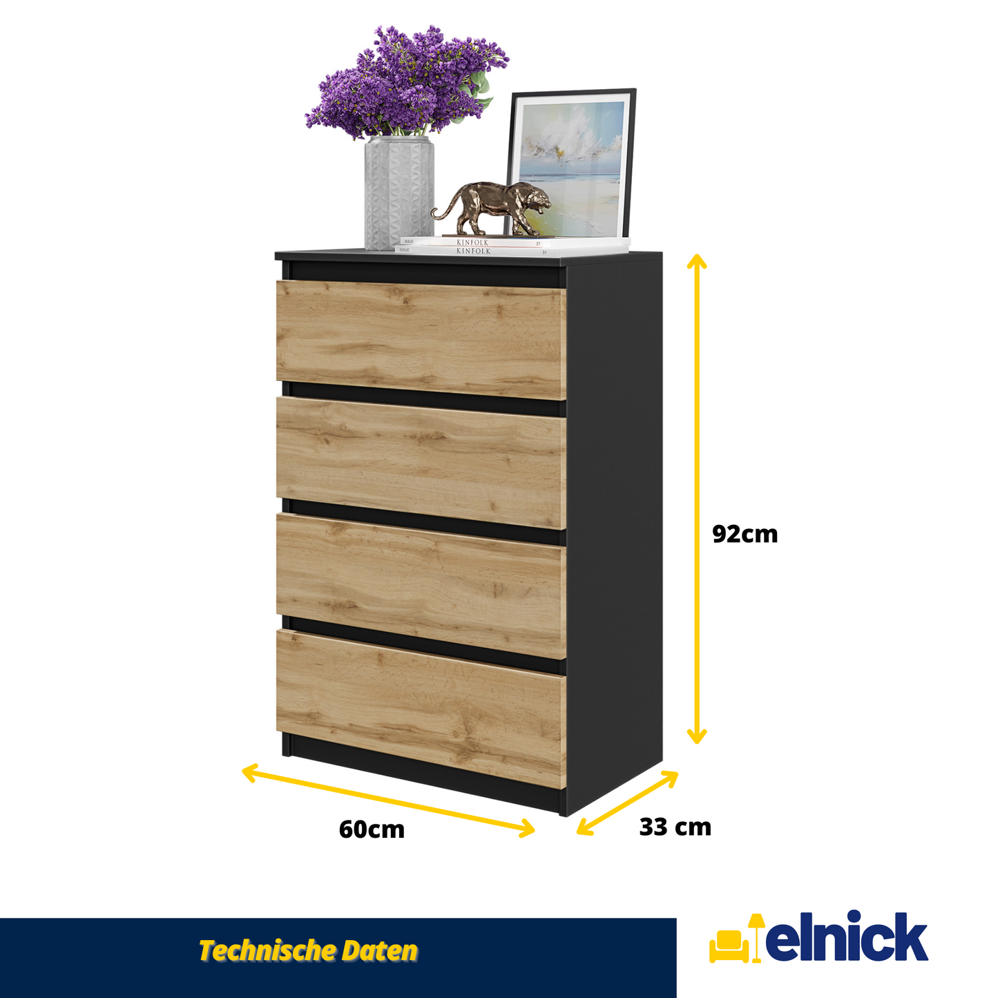 GABRIEL - Kommode / Sideboard mit 4 Schubladen - Schwarz Matt / Wotan Eiche H92cm B60cm T33cm