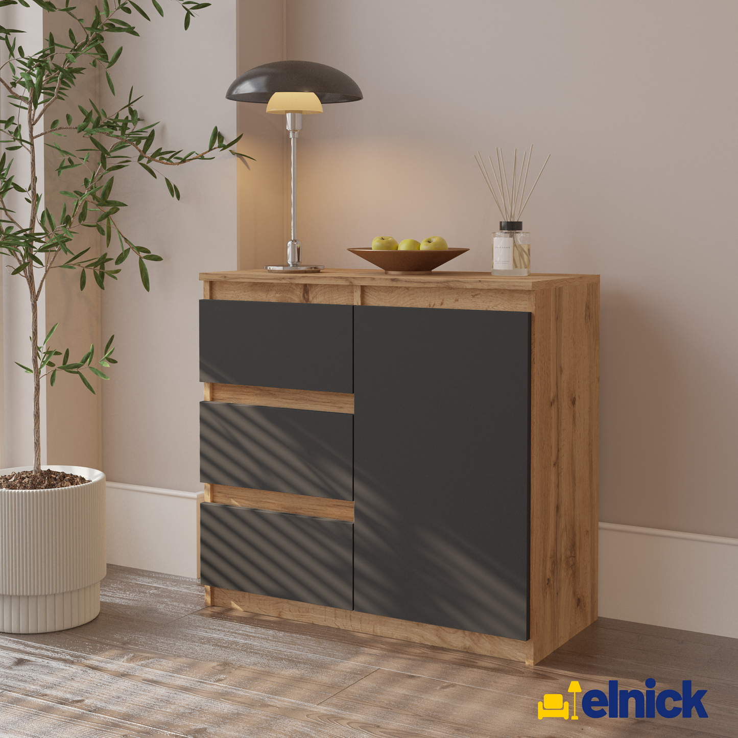 MIKEL - Kommode / Sideboard mit 3 Schubladen und 1 Tür - Wotan Eiche / Anthrazit Grau